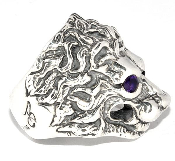 ビルウォールレザー Bill Wall Leather Lion Ring w/Stone eyes