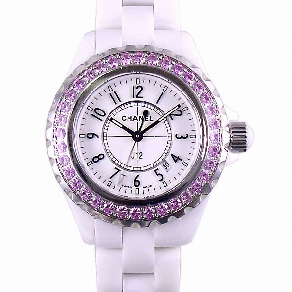 シャネル　CHANEL　J-12　白セラミック　レディース　クォーツ　33mm　純正ベゼルピンクサファイア