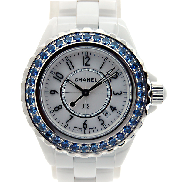 シャネル　CHANEL　J12　白セラミック　H1179　ベゼルブルーサファイア　レディース　33mm　クォーツ　ホワイト　現品大特価