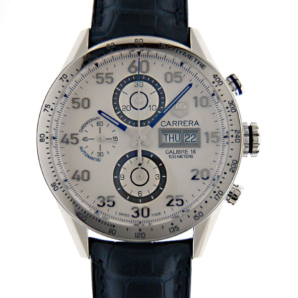 タグホイヤー　TAG HEUER　カレラ　タキメータークロノ　デイデイト　シルバー　青針　CV2A1D.CI6305　自動巻　SS　革ベルト　新品
