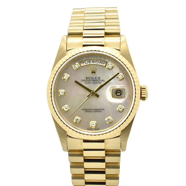 ロレックス　ROLEX　デイデイト　Ref.18238NG　36mm　18KYG　W番　ホワイトシェル　10Pダイヤ　USED　中古