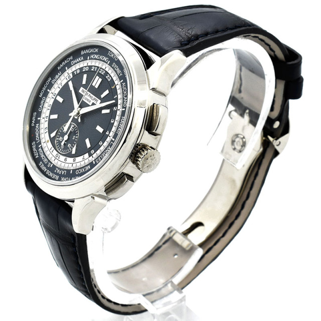 パテックフィリップ PATEK PHILIPPE コンプリケーション ワールドタイム クロノグラフ 5930G-001 39.5mm 18KWG 革ベルト 自動巻き ブルー USED 中古