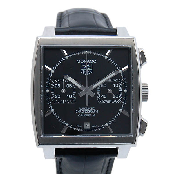 タグホイヤー　TAG HEUER　モナコクロノ　キャリバー12　CAW2110.FC6177　39mm　ブラック　革ベルト　USED　中古