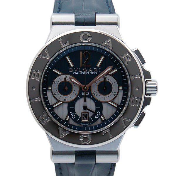 ブルガリ BVLGARI ディアゴノ カリブロ303 DG42C3SWGLDCH クロノグラフ SS×WGベゼル ブルー/シルバー 革ベルト USED 中古 ブルガリ BVLGARI ディアゴノ カリブロ303 DG42C3SWGLDCH クロノグラフ SS×WGベゼル ブルー/シルバー 革ベルト USED 中古
