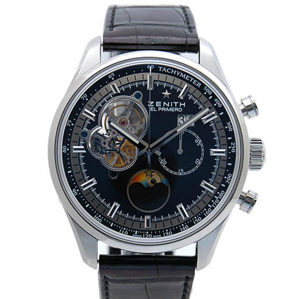 ゼニス　ZENITH　クロノマスターオープン　ムーンフェイズ　03.2160.4047/21.C714　SS　45mm　ブラック　革　USED　中古
