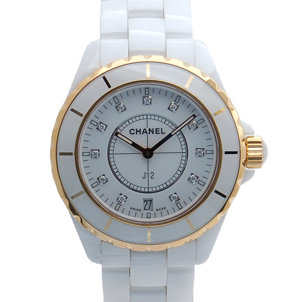 シャネル　CHANEL　J12　H2180　ホワイト　PGベゼル　38mm　クォーツ　11Pダイヤ　USED　中古　