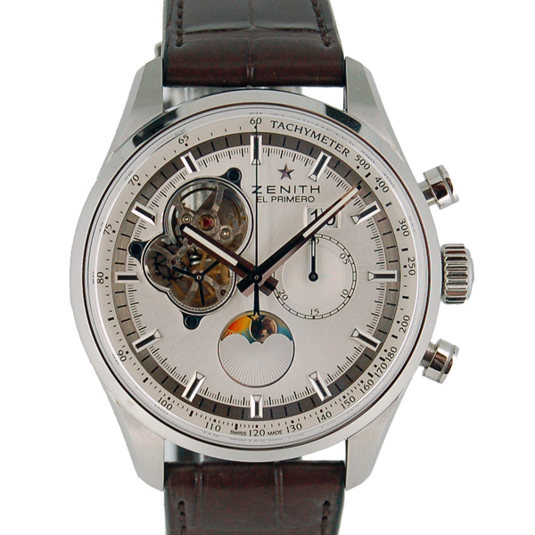 ゼニス　ZENITH　クロノマスターオープン　ムーンフェイズ　03.2160.4047/01.C713　SS　45mm　シルバー　革　USED　中古