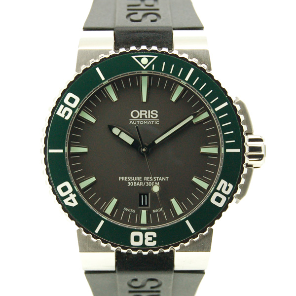 オリス　ORIS　アクイス　デイト　733 7653 4157R　グレー　グリーンベゼル　ラバーベルト　USED　中古