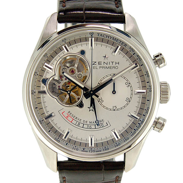 ゼニス　ZENITH　クロノマスターオープン　パワーリザーブ　03.2080.4021/01.C494　SS　シルバー　革　USED　中古