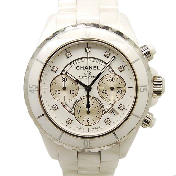 シャネル　CHANEL　J12　クロノグラフ　ホワイトセラミック　H2009　9Pダイヤ　自動巻　41mm　200m防水　USED　中古