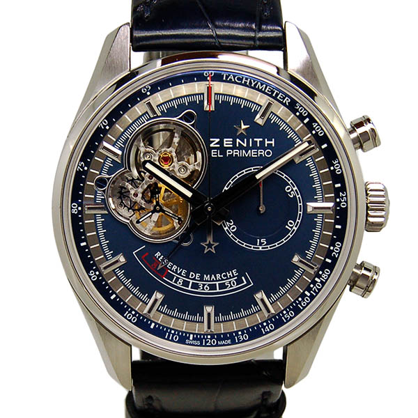 ゼニス　ZENITH　クロノマスターオープン　パワーリザーブ　シャルルベルモ トリビュート　03.2085.4021/51.C700　SS　ブルー　革　1975本限定　USED　中古
