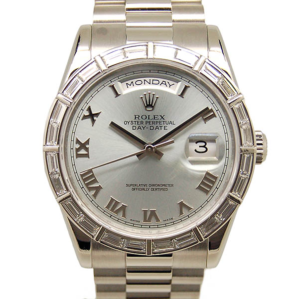 ロレックス　ROLEX　デイデイト　ベゼルバケットダイヤ　118366　アイスブルー　プラチナ　36mm　Z番ルーレット　USED　中古