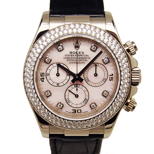 ロレックス　ROLEX　デイトナ　Ref.116589RBR　K18WG　ダイヤベゼル　8Pダイヤ　自動巻き　ピンクシェル　40mm　革ベルト　M番ルーレット　USED　中古　