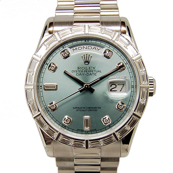 ロレックス　ROLEX　デイデイト　ベゼルバケットダイヤ　118366A　アイスブルー　プラチナ　36mm　P番　USED　中古