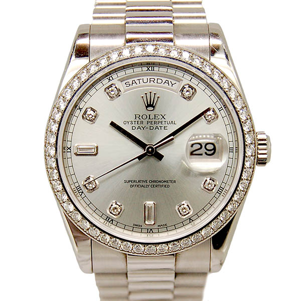 ロレックス　ROLEX　デイデイト　118346A　アイスブルー　プラチナ　ベゼルダイヤ　P番　USED　中古
