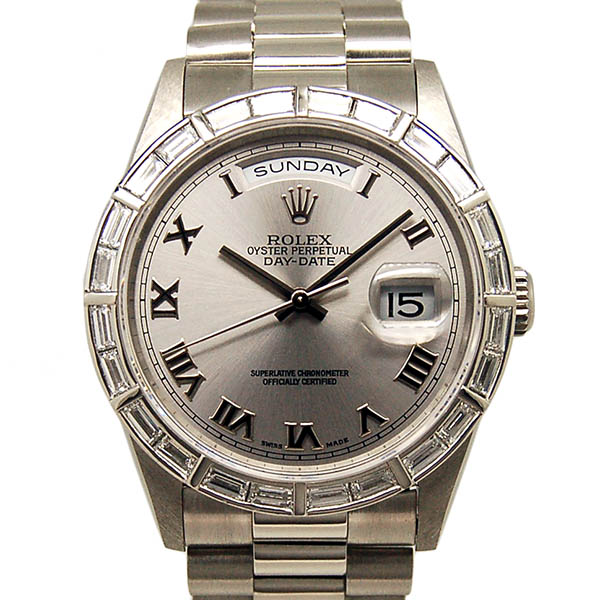 ロレックス　ROLEX　デイデイト　ベゼルバケットダイヤ　18366　シルバーローマ　プラチナ　36mm　A番　USED　中古
