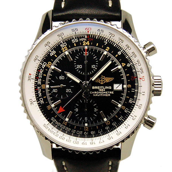 ブライトリング　BREITLING　ナビタイマーワールド　A242B26KBD　GMT　自動巻　ブラック　革　USED　中古
