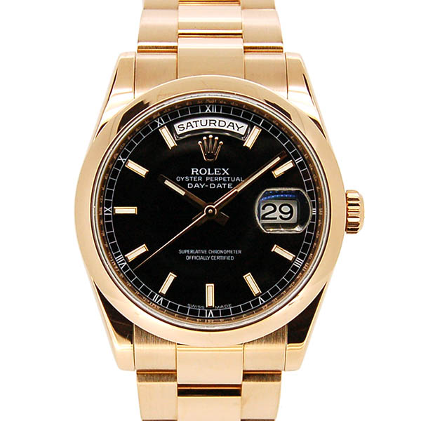 ロレックス　ROLEX　デイデイト　118205F　36mm　エバーローズゴールド　V番ルーレット　ブラック　USED　中古