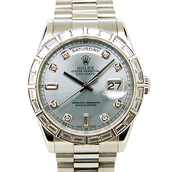 ロレックス　ROLEX　デイデイト ベゼルバケットダイヤ　118366A　アイスブルー　プラチナ　36mm　K番　USED　中古