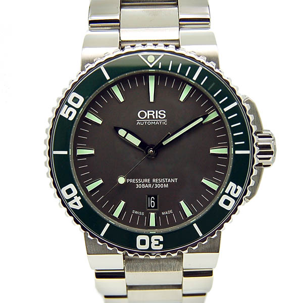 オリス　ORIS　アクイス　デイト　733 7653 4137M　グレー　グリーンベゼル　43mm　USED　中古