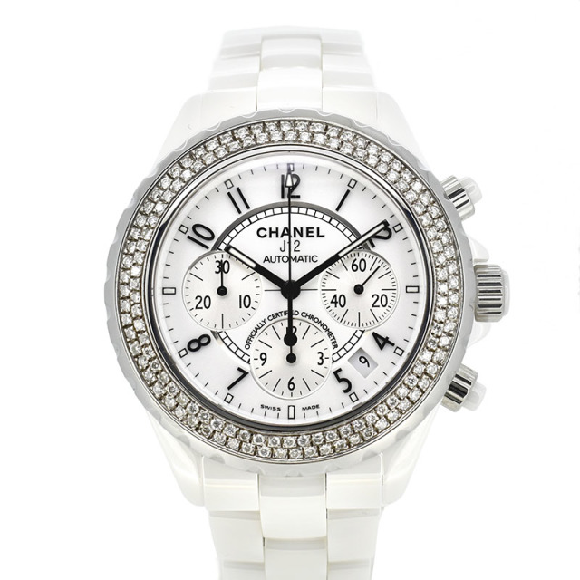 シャネル　CHANEL　J12　クロノグラフ　H1007　ホワイトセラミック　メンズ　41mm　アフターダイヤベゼル　USED　中古