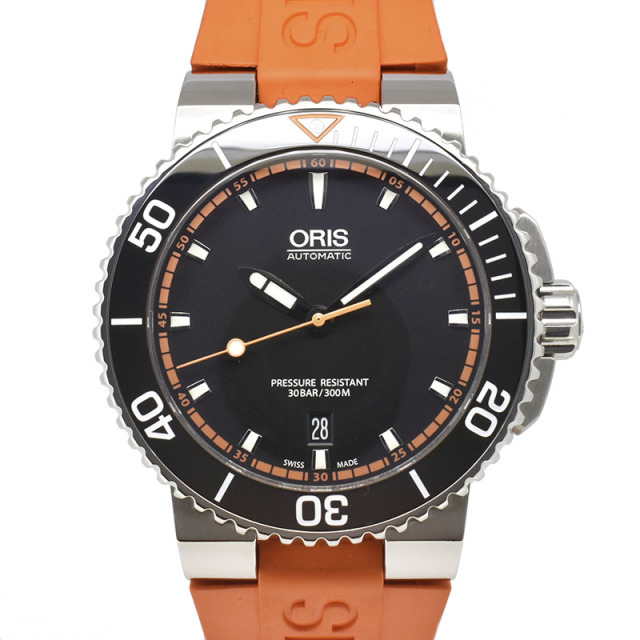 オリス　ORIS　アクイス　デイト　733 7653 4128R　SS　43mm　ブラック　オレンジラバー　USED　中古