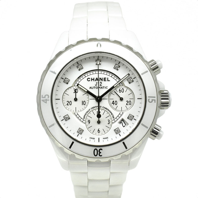 シャネル　CHANEL　J12 クロノグラフ ホワイトセラミック　H2009　9Pダイヤ　自動巻　41mm　USED　中古