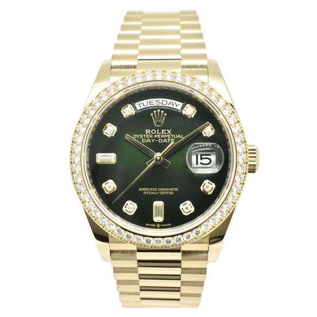 ロレックス　ROLEX　デイデイト 36 ベゼルダイヤ　128348RBR　18KYG　グリーン　USED　中古