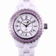 シャネル　CHANEL　J-12　白セラミック　レディース　クォーツ　33mm　純正ベゼルピンクサファイア