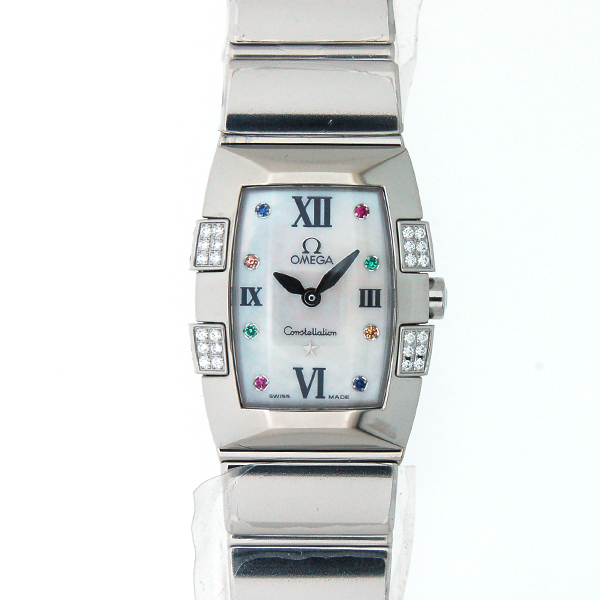 オメガ　OMEGA　コンステレーションミニ　クアドラ　1585.79　レディース　SS　ホワイトシェル　カラーストーン　サイドダイヤ　新品