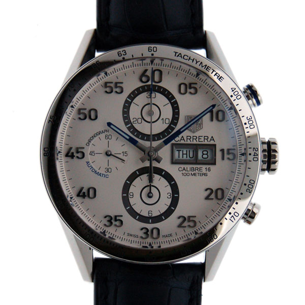 タグホイヤー　TAG HEUER　カレラ　タキメータークロノ　デイデイト　シルバー　青針　CV2A1D.FC6305　自動巻　SS　革ベルト　新品