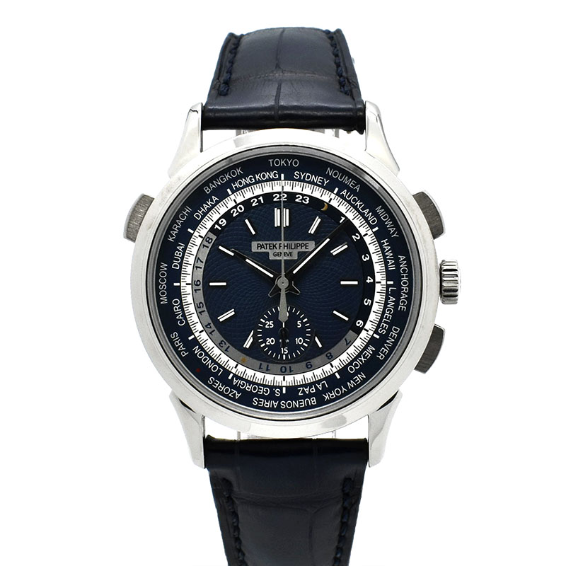 パテックフィリップ　PATEK PHILIPPE　コンプリケーション ワールドタイム クロノグラフ　5930G-001　39.5mm　18KWG　革ベルト　自動巻き　ブルー　USED　中古