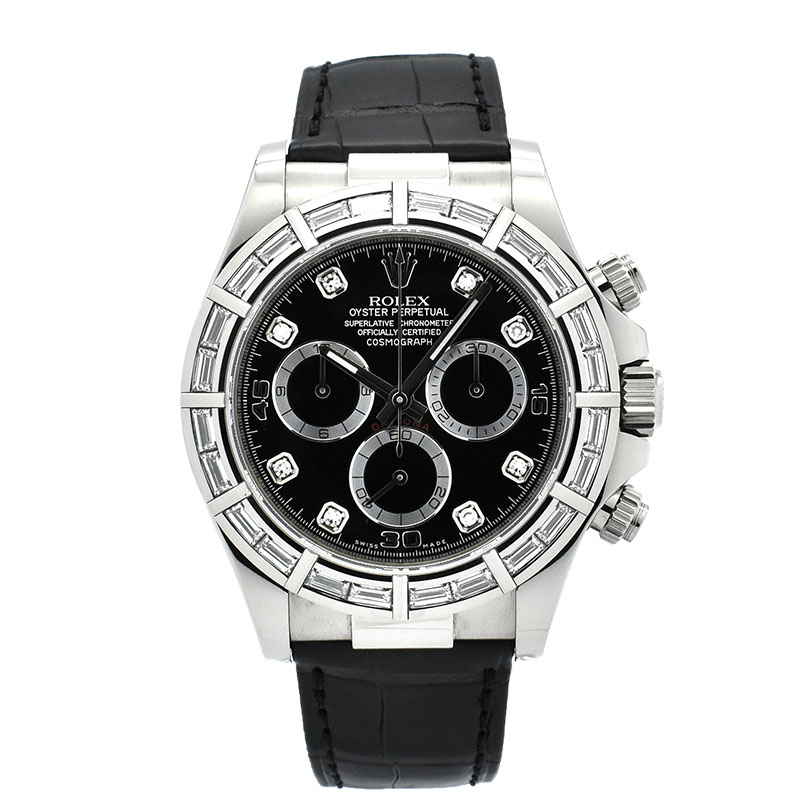 ロレックス　ROLEX　デイトナ　Ref.116589BR　K18WG　バゲットダイヤベゼル　ブラック　40mm　革ベルト　ランダム番　USED　中古