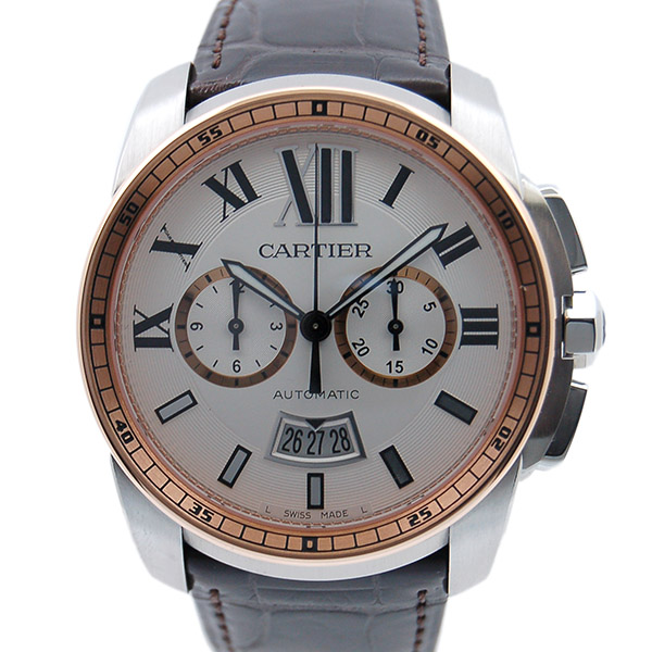 カルティエ　CARTIER　カリブル　ドゥ　カルティエ　クロノグラフ　W7100043　SS×PG　メンズ　自動巻　シルバー　革ベルト　USED　中古