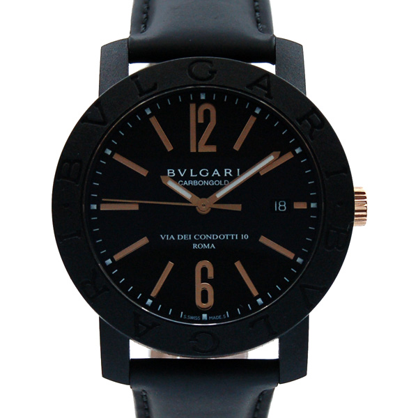 ブルガリ　BVLGARI　ブルガリブルガリ　カーボンゴールド　BBP40BCGLD　メンズ　40mm　ブラック　革ベルト　USED　中古