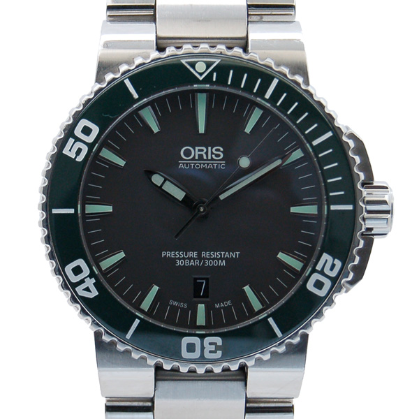 オリス　ORIS　アクイス　デイト　733 7653 4157M　グレー　グリーンベゼル　USED　中古