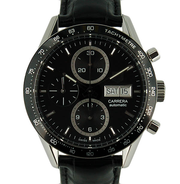 タグホイヤー　TAG HEUER　カレラ　タキメータークロノグラフ　デイデイト　キャリバー16　CV201AG.FC6266 　ブラック　革ベルト　USED　中古