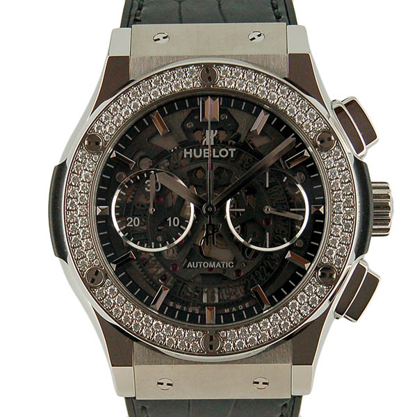 ウブロ　HUBLOT　クラシックフュージョン　アエロ　クロノグラフ　ベゼルダイヤ　525.NX.0170.LR.1104　チタン　革ベルト　USED　中古