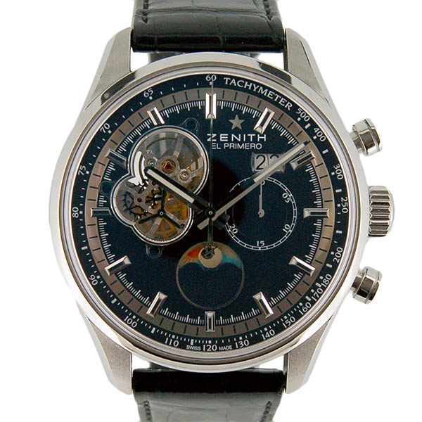 ゼニス　ZENITH　クロノマスターオープン　ムーンフェイズ　03.2160.4047/21.C714　SS　45mm　ブラック　革　USED　中古