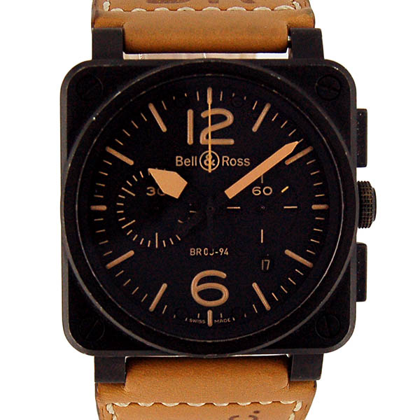 ベル＆ロス　BELL＆ROSS　BR03-94　ヘリテージ　クロノグラフ　42mm　PVD　ブラック　革ベルト　USED　中古