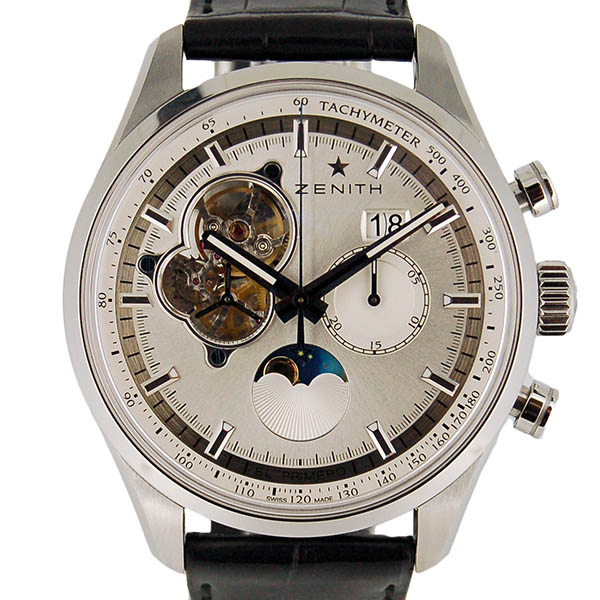 ゼニス　ZENITH　クロノマスターオープン　ムーンフェイズ　03.2160.4047/01.C713　SS　45mm　シルバー　革　USED　中古
