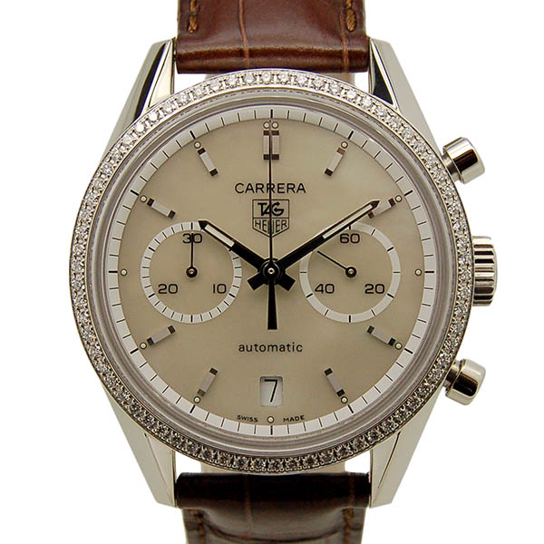 タグホイヤー　TAG HEUER　カレラ　クロノグラフ　ベゼルダイヤ　CV2116.FC6180　SS　ホワイトシェル　自動巻　USED　中古