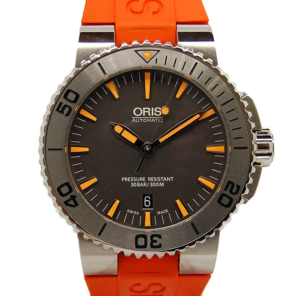 オリス　ORIS　アクイス　デイト　733 7653 4158 RO　グレー　オレンジラバー　USED　中古