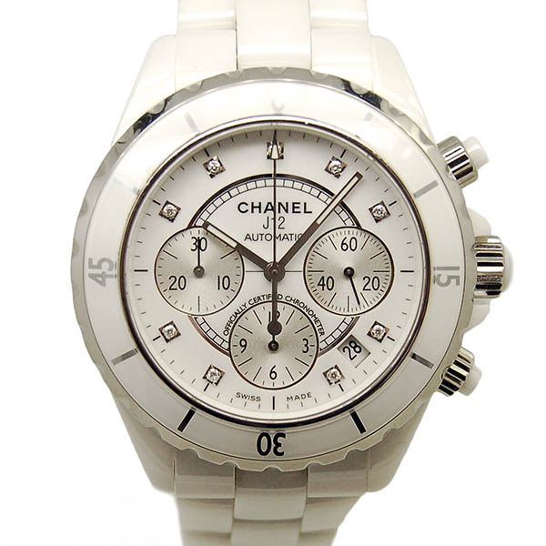 シャネル　CHANEL　J12　クロノグラフ　ホワイトセラミック　H2009　9Pダイヤ　自動巻　41mm　200m防水　USED　中古