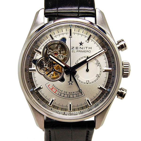 ゼニス　ZENITH　クロノマスターオープン　パワーリザーブ　03.2080.4021/01.C494　SS　シルバー　革　USED　中古