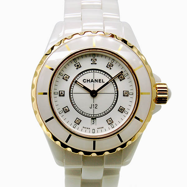 シャネル　CHANEL　J12　H2181　ホワイトセラミック　レディース　33mm　11Pダイヤ　PGベゼル　USED　中古
