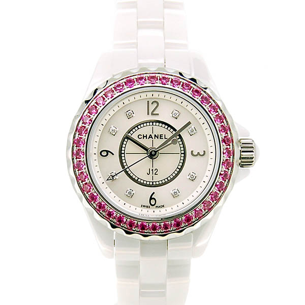 シャネル　CHANEL　J12　H3243　レディース　29mm　ピンクサファイアベゼル　ホワイト　USED　中古