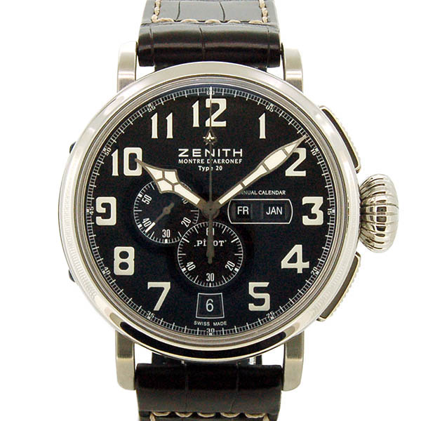 ゼニス　ZENITH　パイロット アエロネフ タイプ20 アニュアルカレンダー　03.2430.4054/21.C721　SS　48mm　ブラック　USED　中古