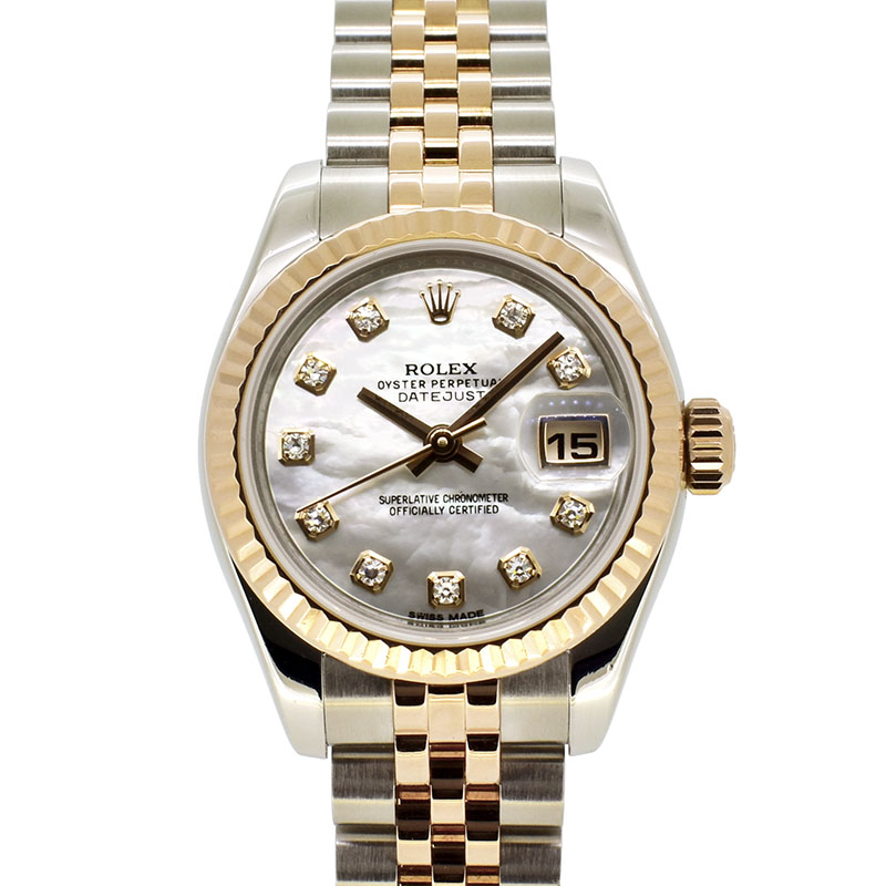 ロレックス　ROLEX　デイトジャスト　Ref.179171NG　ホワイトシェル　10Pダイヤ　SS/PG　ランダム番　26mm　USED　中古