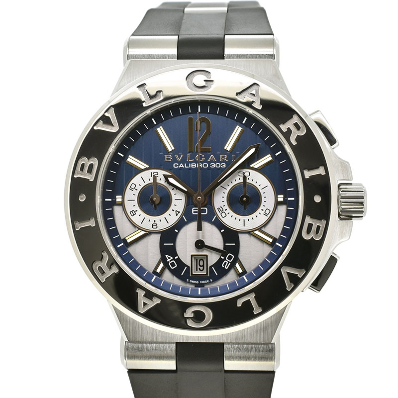 ブルガリ　BVLGARI　ディアゴノ カリブロ303 クロノグラフ　DG42C3SWGLDCH　ブルー/シルバー　革ベルト　42mm　USED　中古